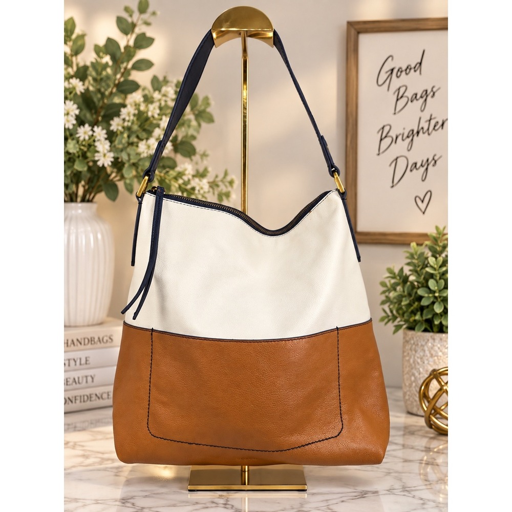 Fossil Maya Hobo Bag Leather Colorblock Cream Tan Navy Blue ZB7230